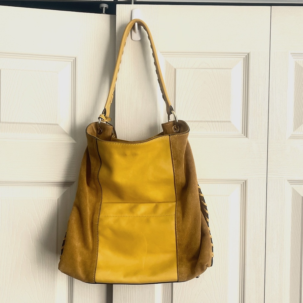 A. Bellucci Canary Yellow Genuine Suede & Leather Whip Stitch Snap Top Hobo Bag